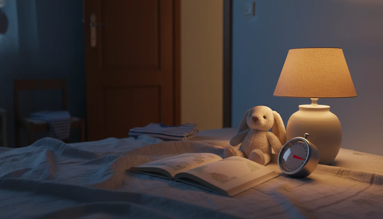 A cozy bedside scene with an open storybook, plush rabbit, and timer in warm bedtime light.