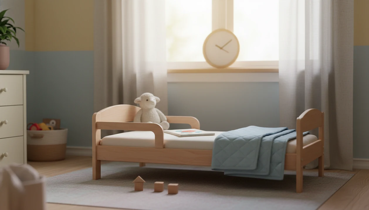 A quiet toddler nap space with drawn curtains, a book, blanket, and stuffed animal ready for rest.