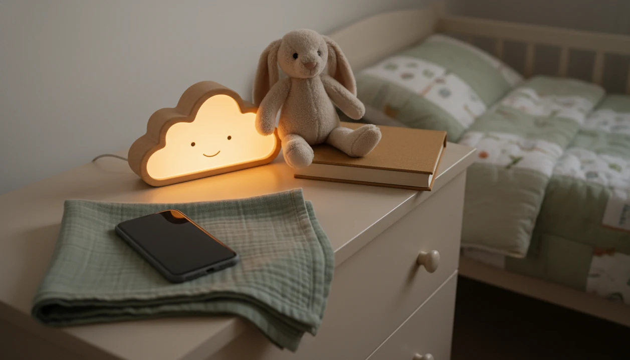 A phone rests face-down beside a night-light, stuffed rabbit, and book in a calm child’s bedroom.