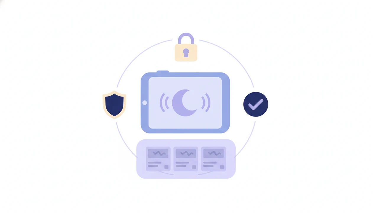 An illustrated tablet with bedtime audio symbols is protected by shield and lock icons from blocked ad tiles.