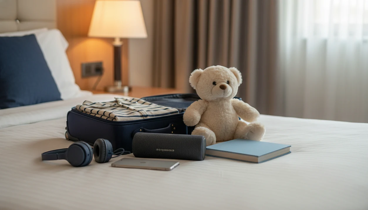 A child’s travel bedtime setup with pajamas, headphones, stuffed bear, and phone on a hotel bed.