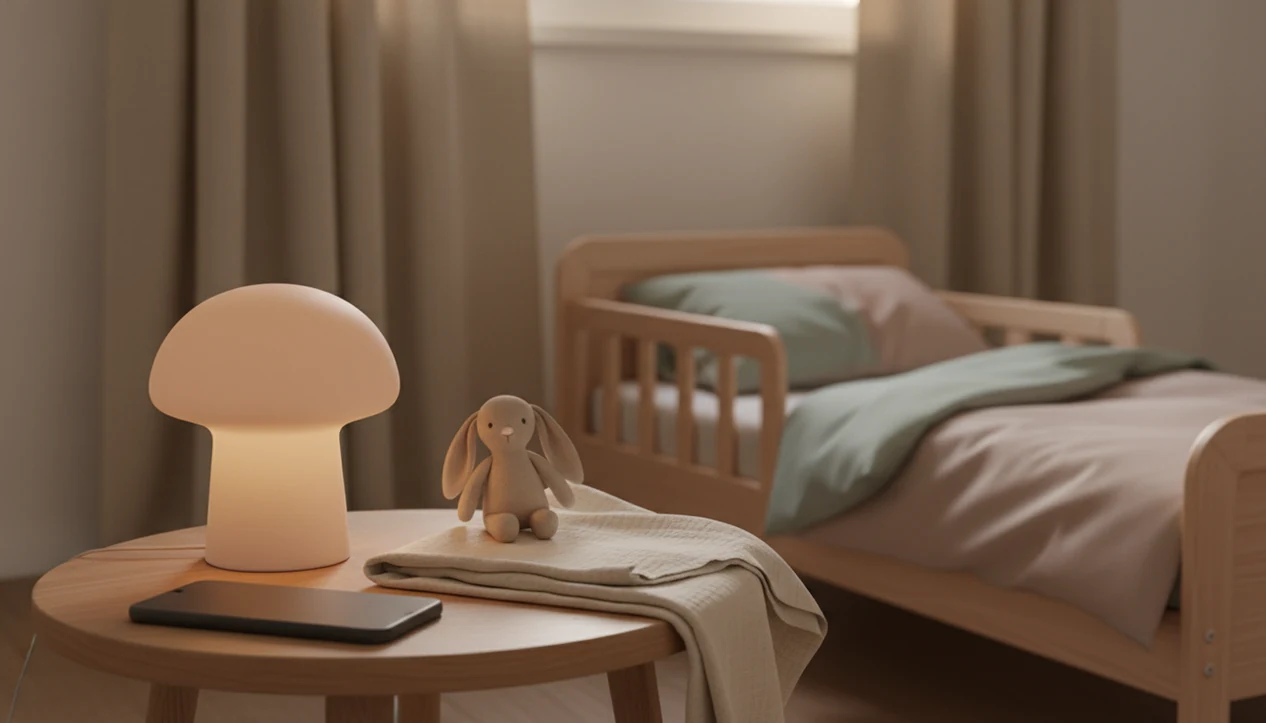 A phone rests face down beside a night light and plush toy in a quiet toddler nap room.