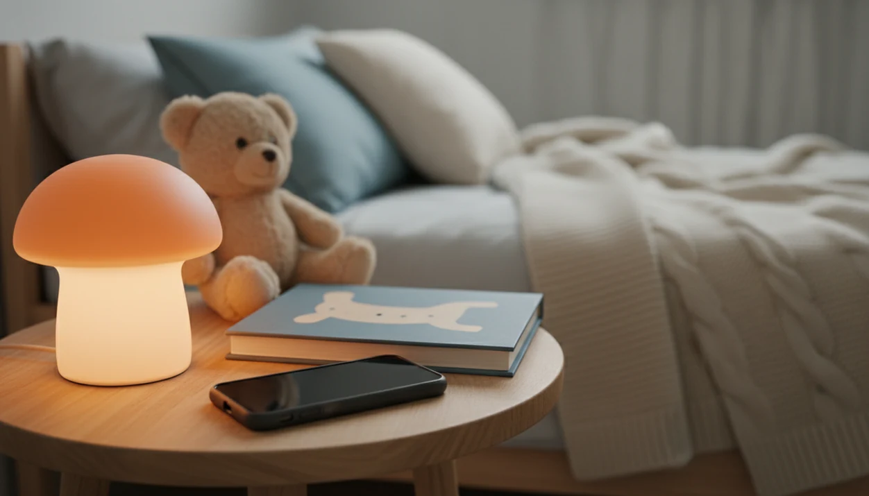 A face-down phone rests on a nightstand in a softly lit toddler bedroom beside a book and night light.