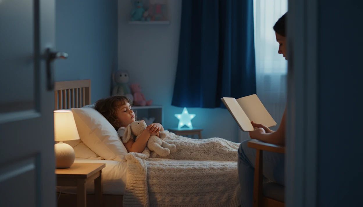 A parent sits beside a tucked-in child in a softly lit bedroom with a stuffed rabbit nearby.