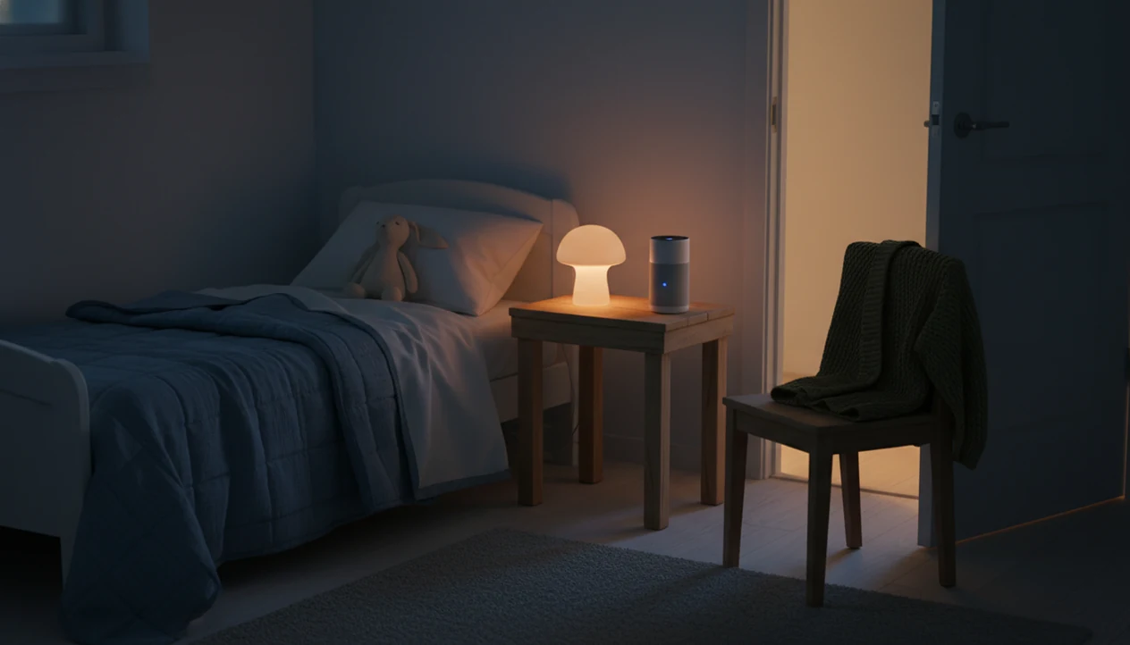 A quiet child’s bedside with a stuffed rabbit, nightlight, and small audio speaker in soft evening light.