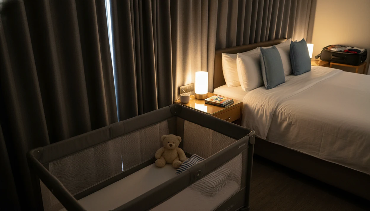 A dim hotel room is set up with a toddler travel crib, plush toy, book, nightlight, and sound machine.