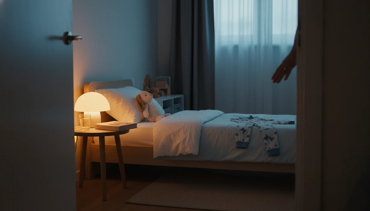A calm toddler bedroom with a stuffed rabbit, closed book, nightlight, and parent’s hand at the door.