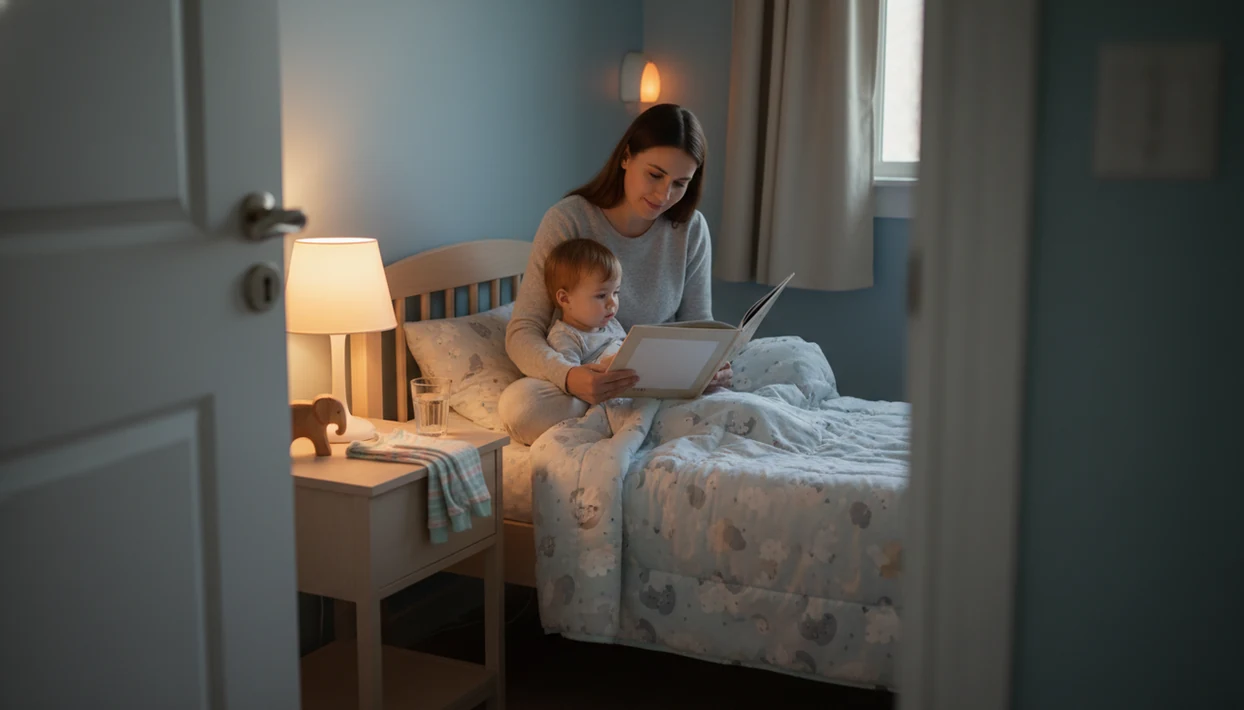 A caregiver reads quietly to a toddler in a softly lit bedroom during a calm bedtime routine.