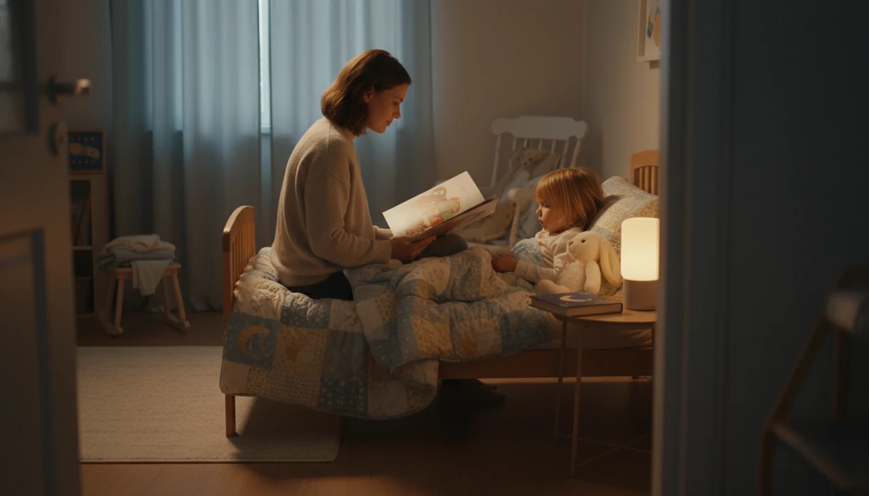 A parent reads one short bedtime story to a tucked-in toddler in a dim, cozy bedroom.
