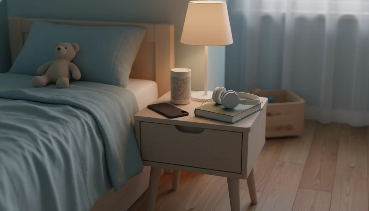 A bedtime nightstand shows a phone, speaker, book, and headphones beside a child’s bed.