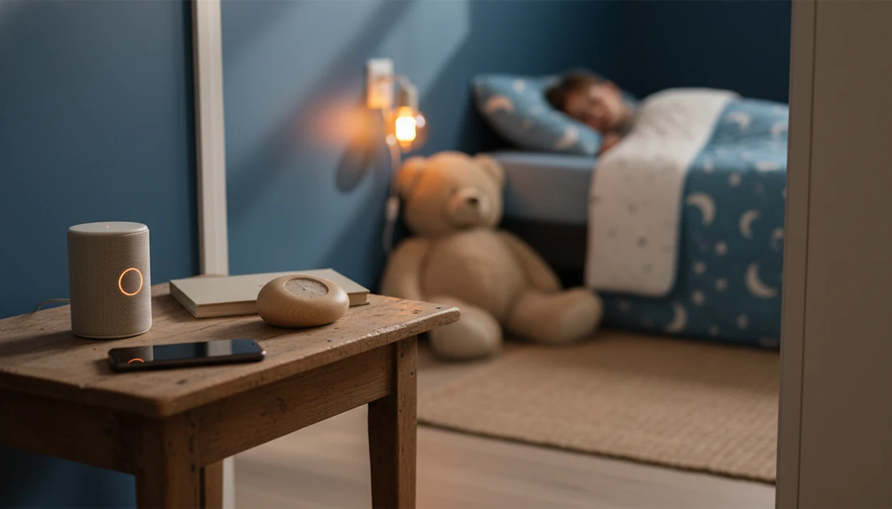 A cozy bedside setup with screen-off audio, a timer, and a child sleeping peacefully in the background.