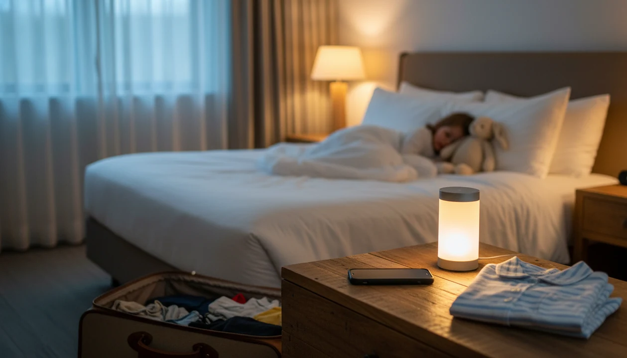 A phone rests face-down on a hotel dresser while a child sleeps nearby with a stuffed rabbit.