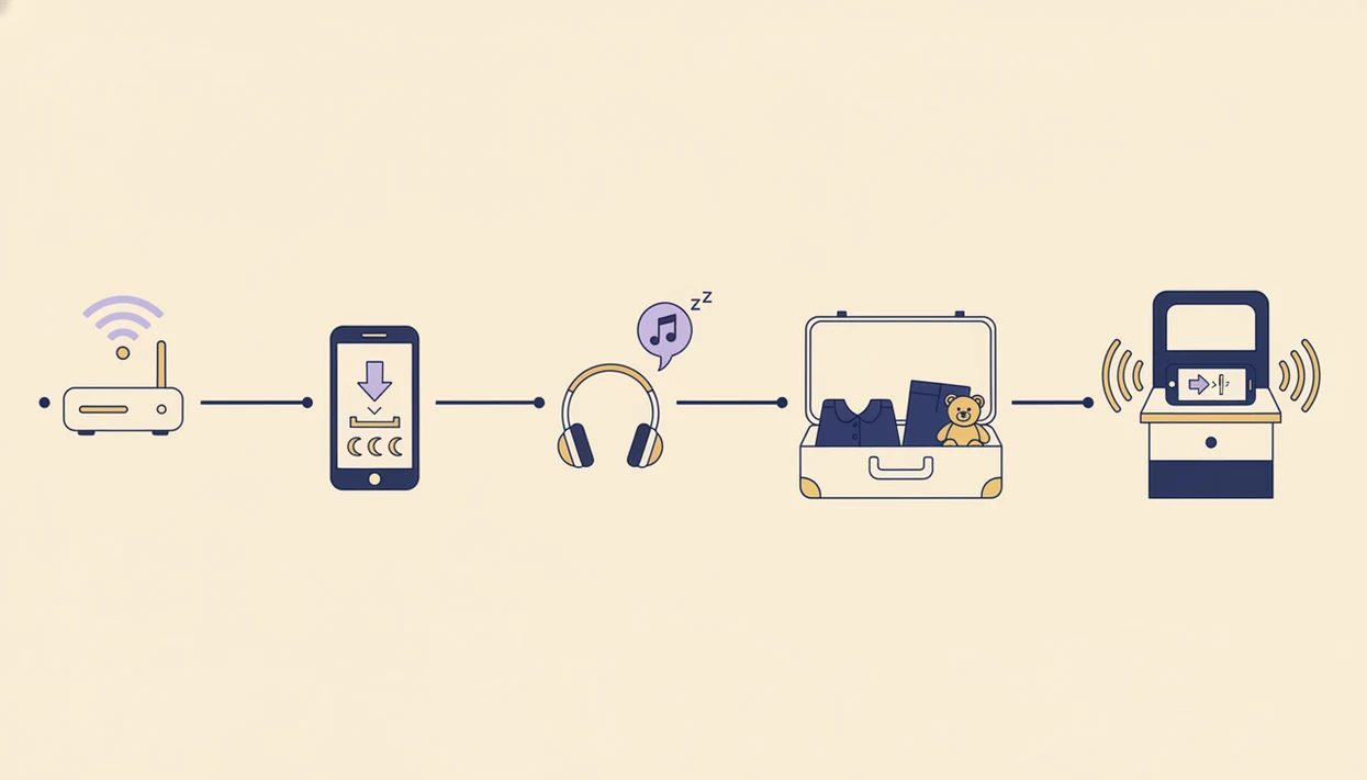 An illustrated sequence shows downloading bedtime audio at home before using it in a hotel room.