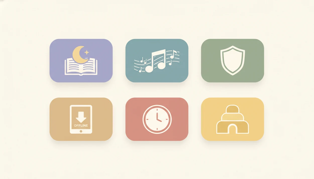 A simple illustrated grid of sleep app criteria, including stories, music, privacy, offline use, timer, and age fit.