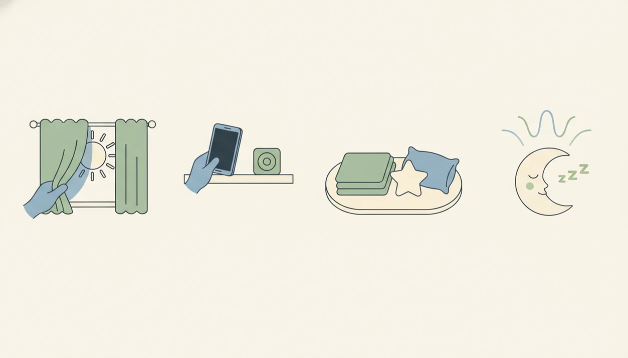 A four-panel illustration shows a simple audio-only preschool nap app routine.