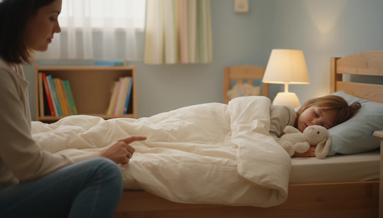 A parent gently guides a child through a calming body scan at bedtime in a softly lit bedroom.