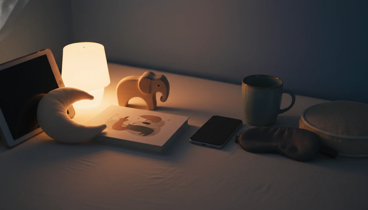 A child’s nightstand shows bedtime story items beside parent mindfulness objects in soft night light.