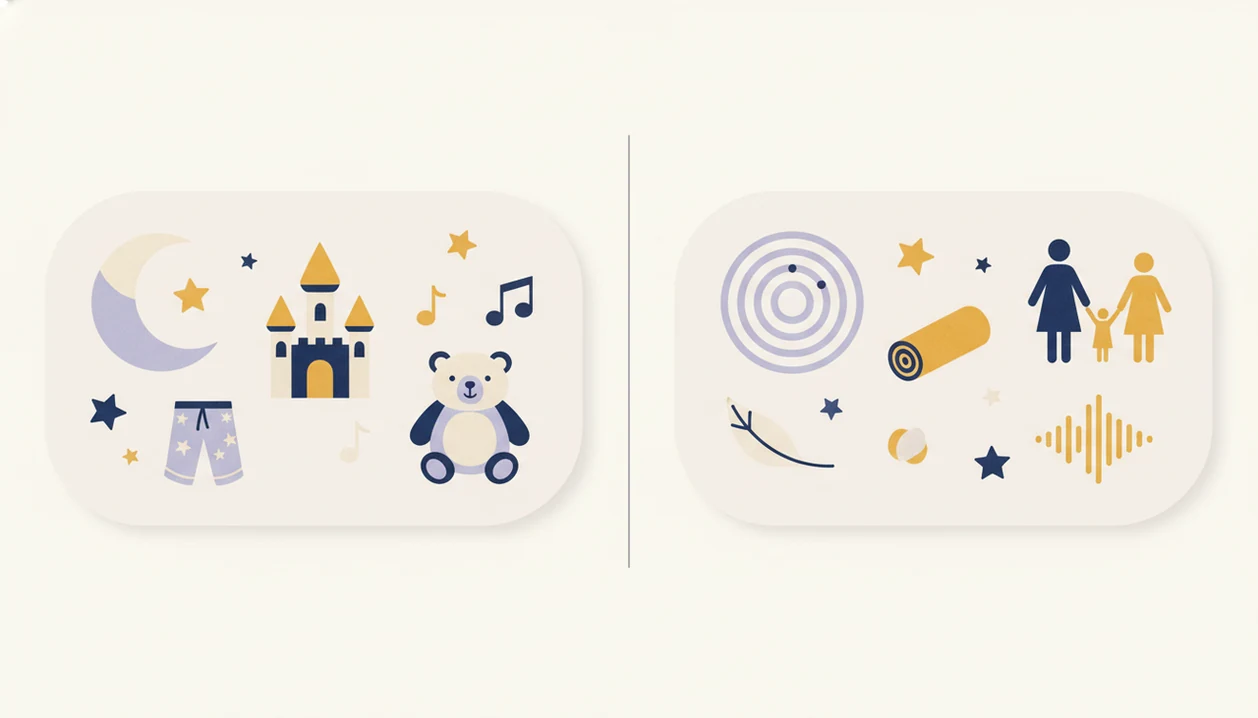 An illustrated side-by-side comparison uses bedtime story symbols and mindfulness symbols without labels.