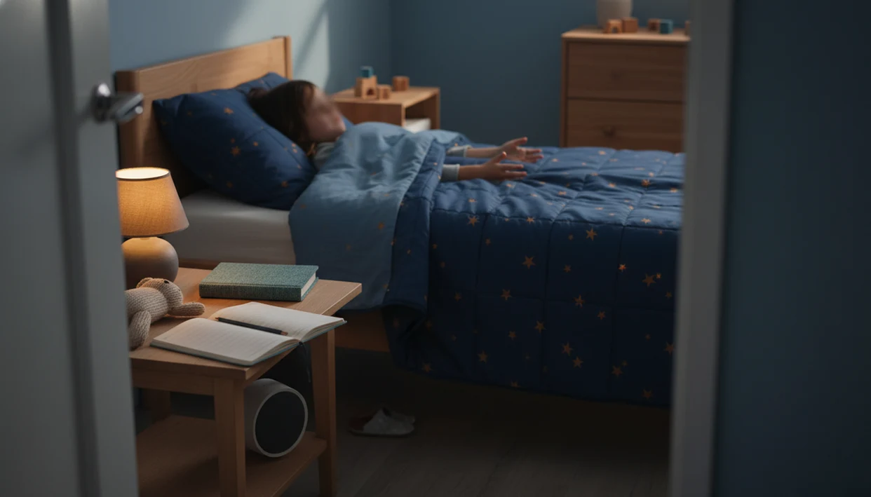 A calm child’s bedroom shows a bedtime routine with a lamp, book, plush toy, speaker, and sleep log.