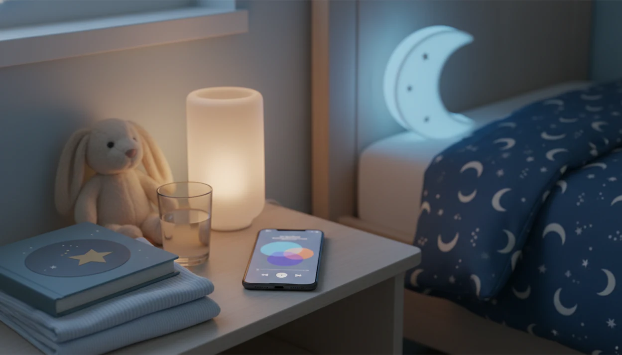 A phone on a child’s nightstand plays bedtime audio beside a lamp, plush toy, and closed storybook.