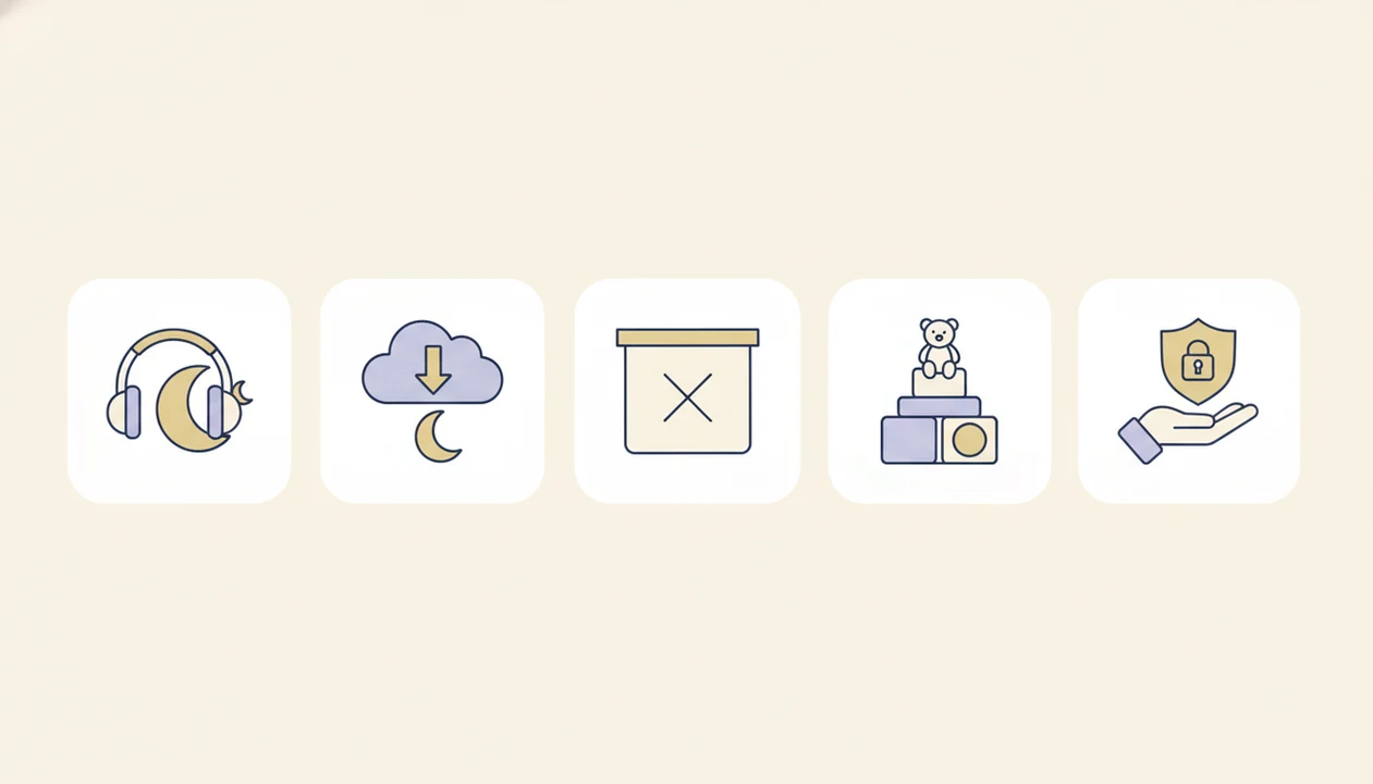 A wordless checklist illustration shows calm app features like audio, offline use, no ads, age fit, and controls.