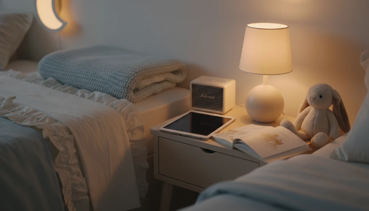 A bedtime nightstand with a dark tablet, speaker, book, stuffed rabbit, and warm lamp beside a child’s bed.