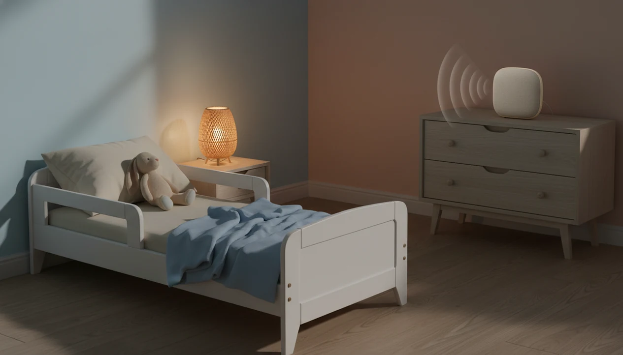 A quiet toddler bedroom shows a small speaker placed across the room from the bed.