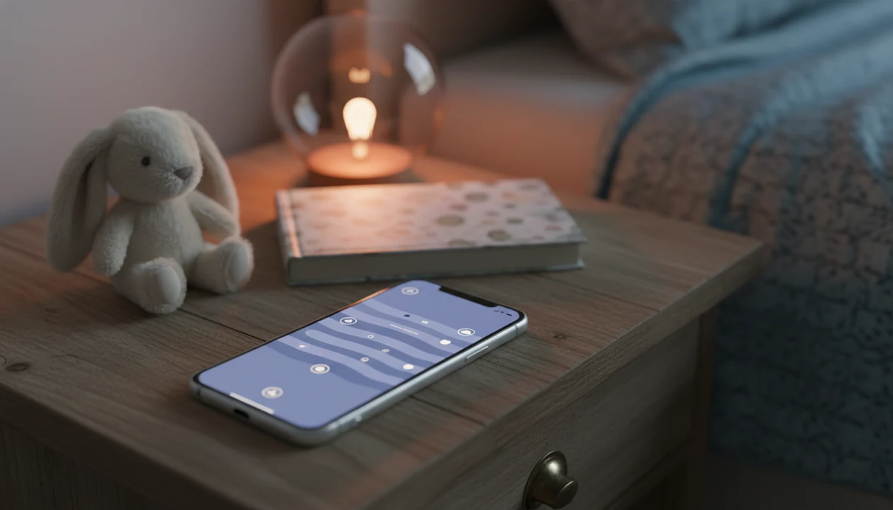 A phone with offline bedtime stories rests beside a plush toy, book, and night light on a child’s nightstand.