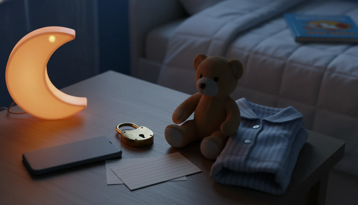 A child’s bedside table shows a phone, padlock, teddy bear, and night light symbolizing app privacy.