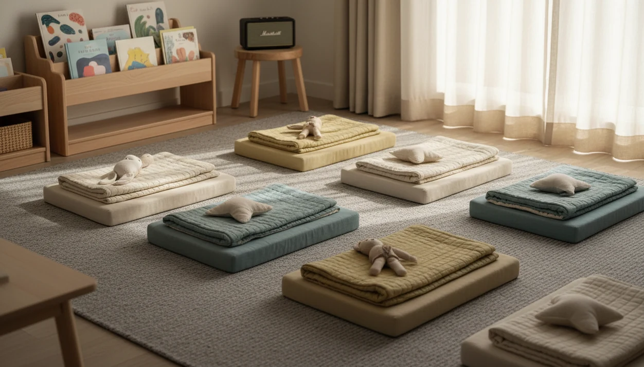 A quiet preschool nap area with mats, blankets, books, and soft afternoon light ready for rest time.