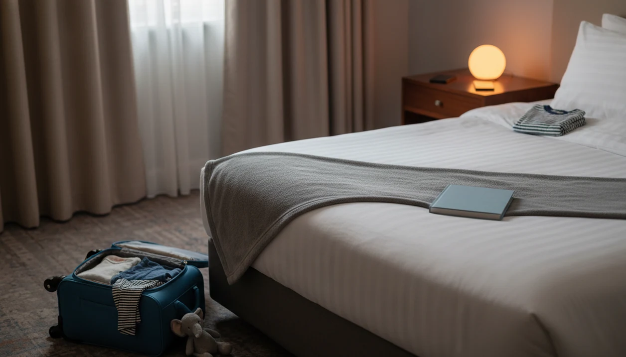 A quiet hotel bedtime setup with a suitcase, picture book, stuffed toy, and dim nightlight.