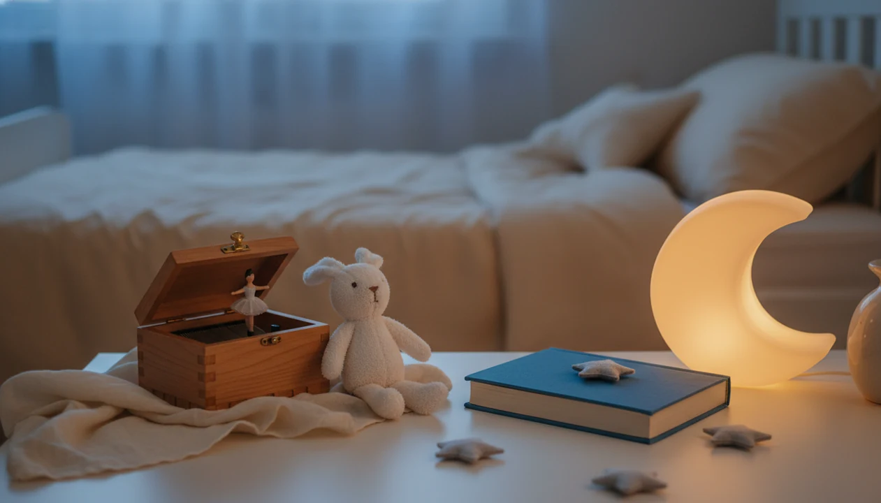 A cozy bedside table shows a music box, plush rabbit, plain storybook, and night light at bedtime.