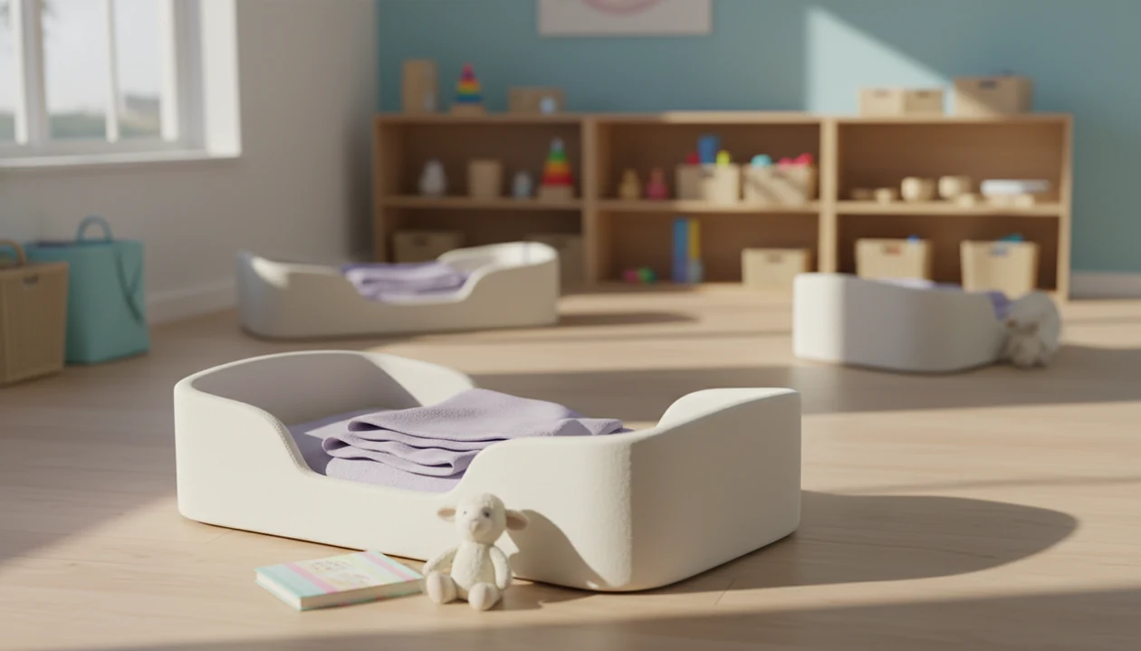 A quiet daycare nap cot with a blanket, plush toy, and book set up for a familiar rest routine.