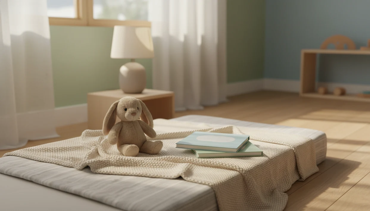 A quiet preschool nap mat with a blanket, plush toy, and storybooks in soft afternoon light.