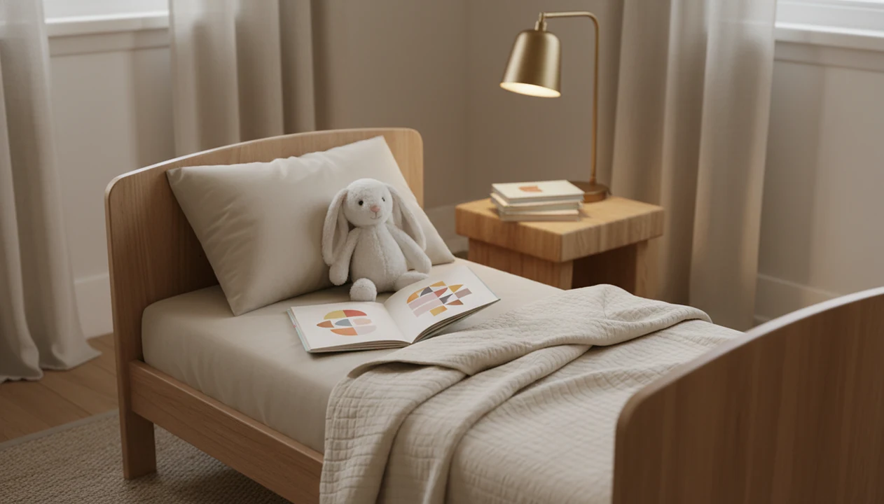 A cozy toddler nap setup with an open picture book, stuffed rabbit, soft blanket, and dim nursery light.