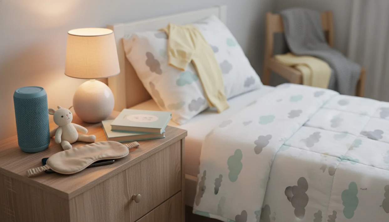 A calm toddler bedside table set up with books, a speaker, plush toy, and a face-down phone for bedtime audio.
