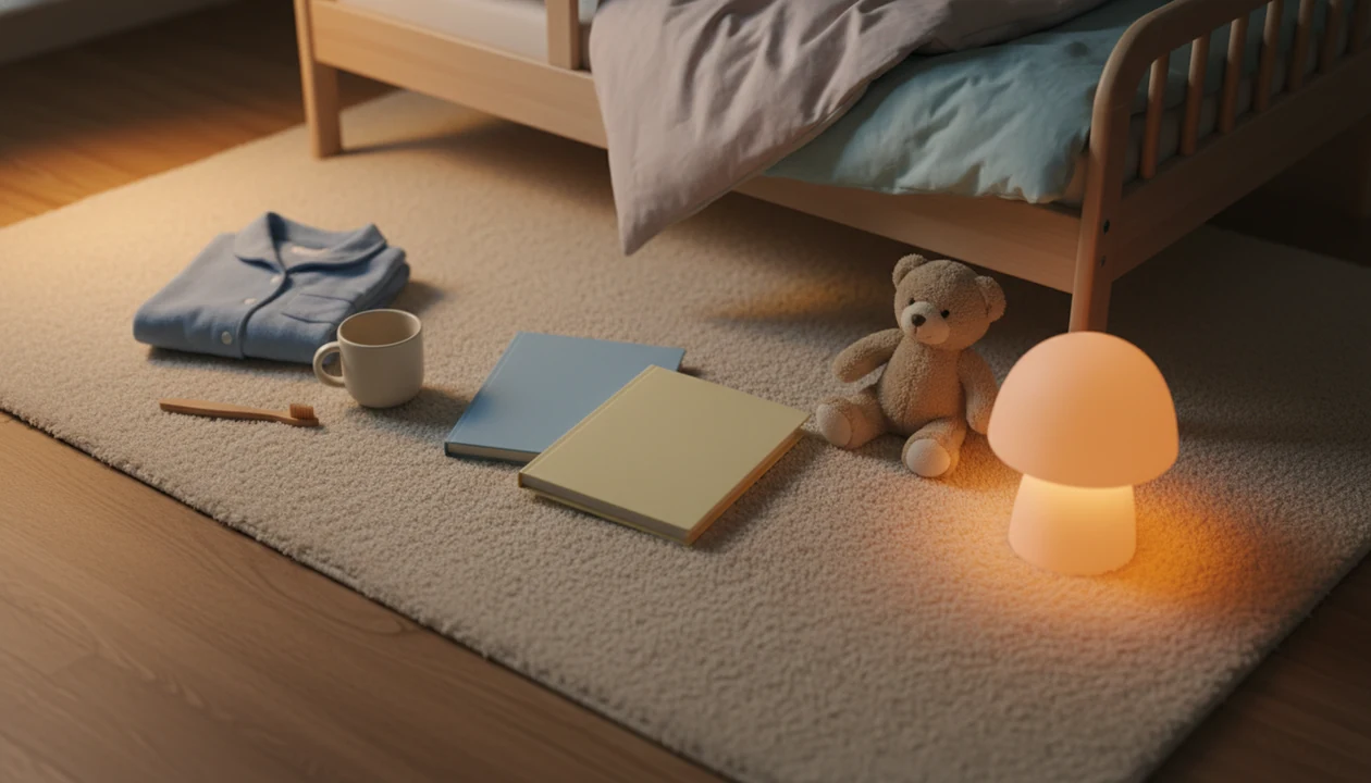 A calm preschool bedtime setup with pajamas, toothbrush, books, stuffed animal, and warm night light.