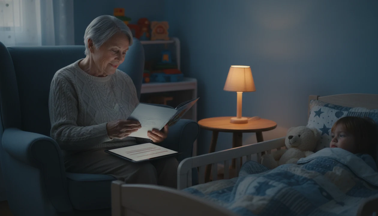 A grandparent reads from a dim tablet while a sleepy child listens in a softly lit bedroom.