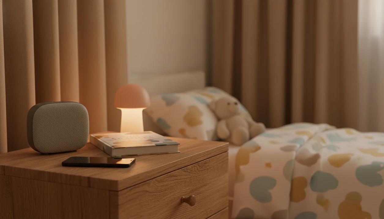 A phone rests face down on a dresser in a dim toddler bedroom set up for audio-only bedtime.