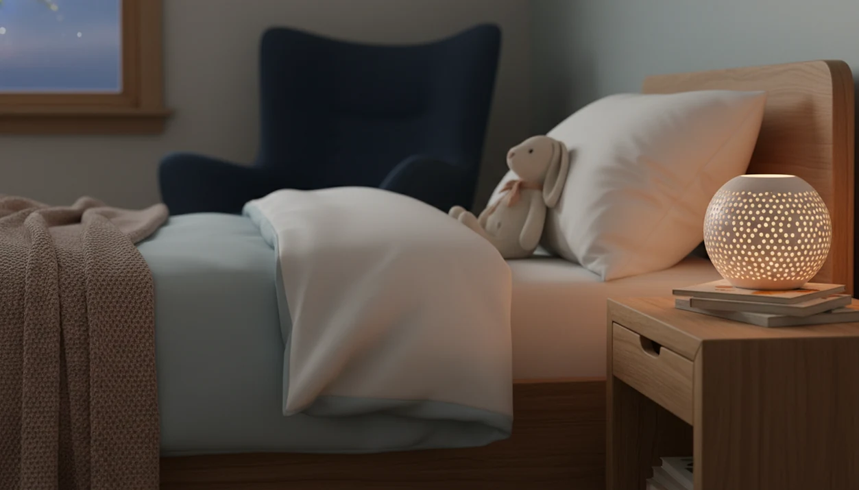 A quiet child’s bedroom with a plush rabbit, nightlight, and turned-down bed ready for a calming bedtime routine.