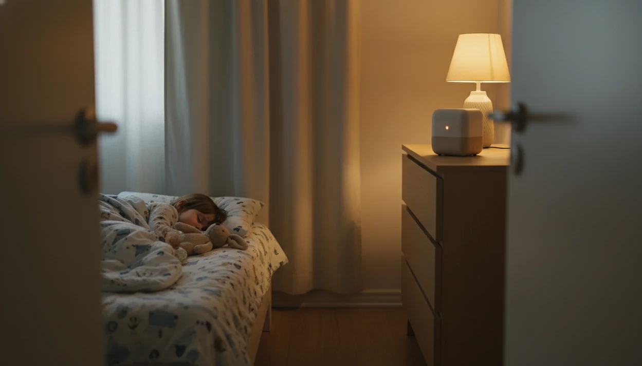 A quiet child’s bedroom shows a sleep sound device placed across the room from the bed.
