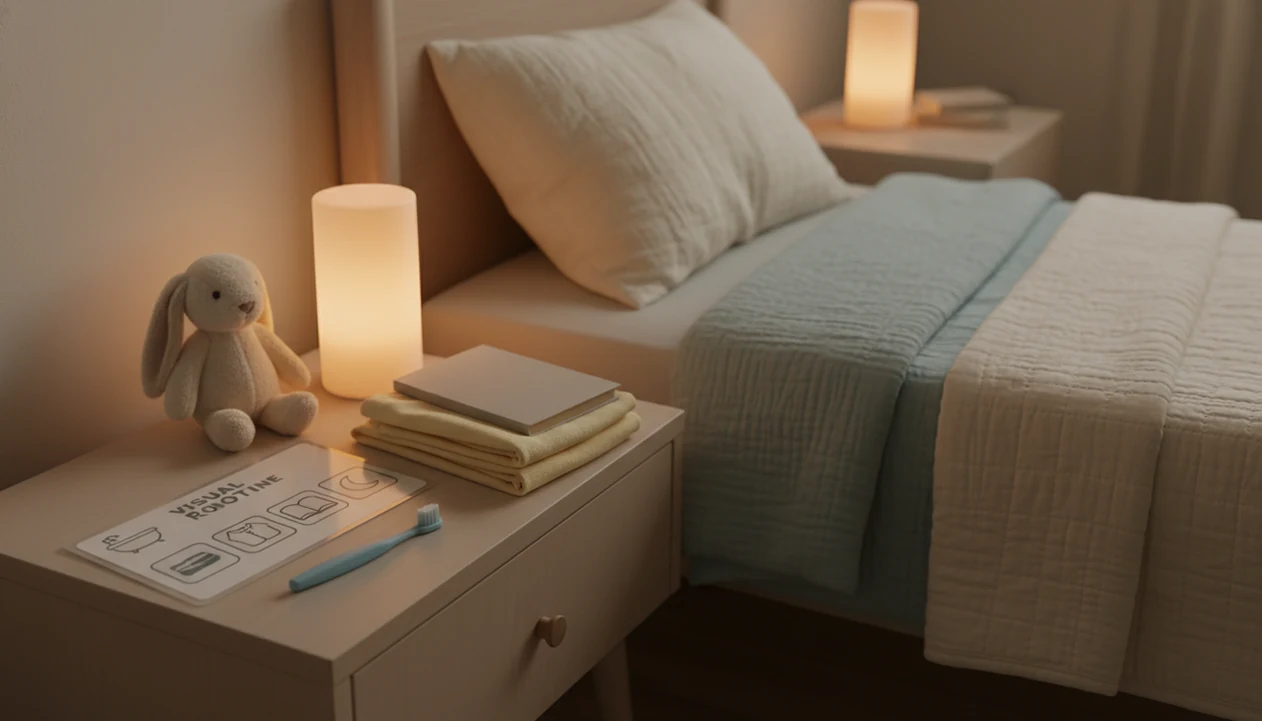 A picture-only bedtime checklist sits beside pajamas, a toothbrush, a book, and a stuffed rabbit.