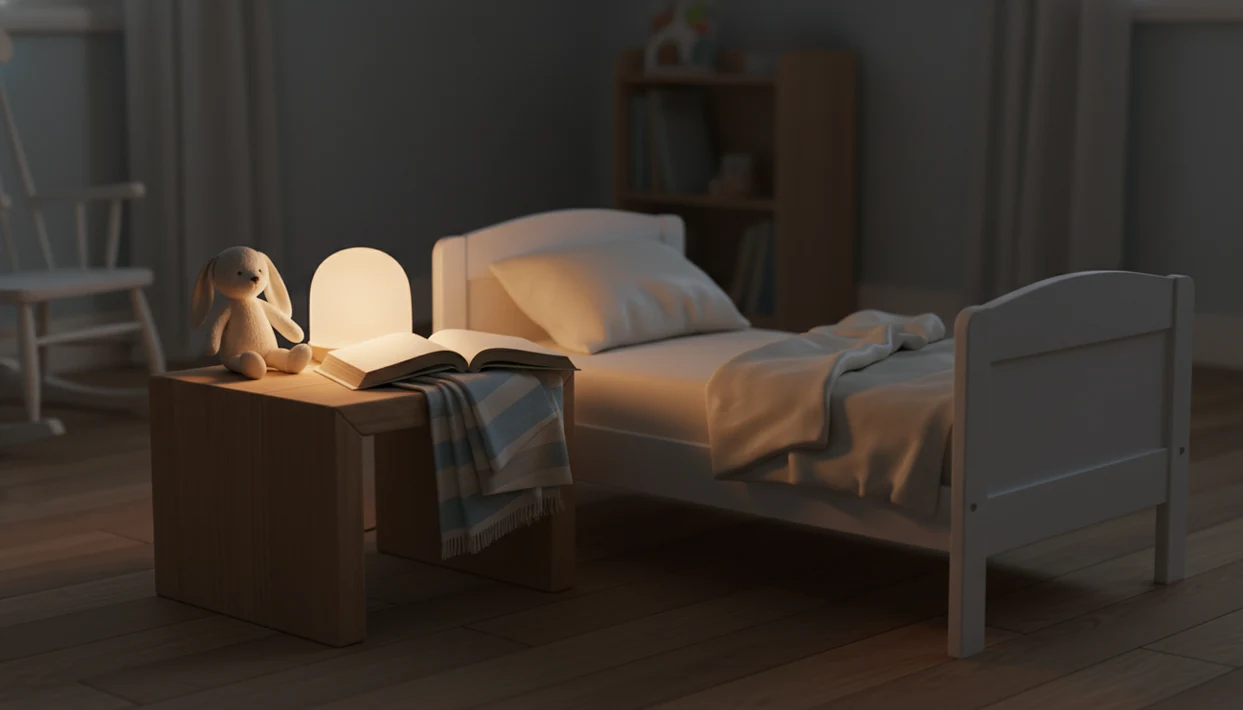A quiet toddler bedside scene with an open book, plush bunny, blanket, and warm night light.