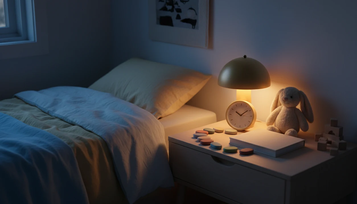 A calm toddler bedside scene with a nightlight, book, clock, plush toy, and wooden tokens marking routine nights.
