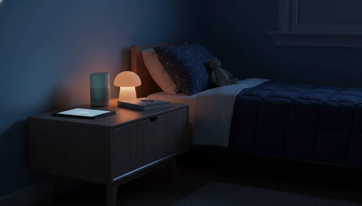 A child’s bedside table contrasts a glowing tablet with a speaker and warm night light.